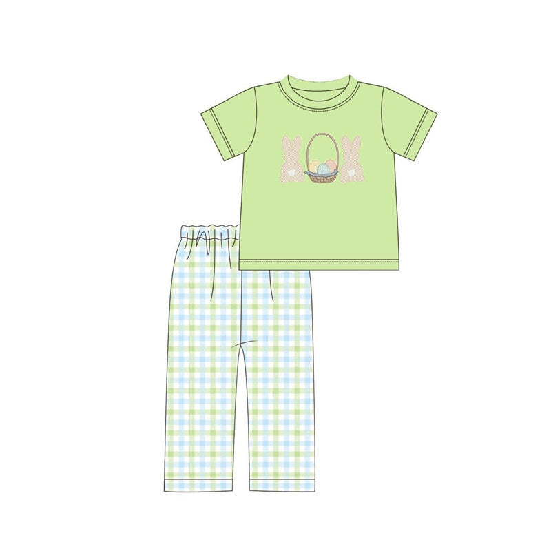MOQ 5 PCS preorder BSPO0645 Easter Cross Bunny Eggs Green Short Sleeve Plaid Pants Boys Sets 202511