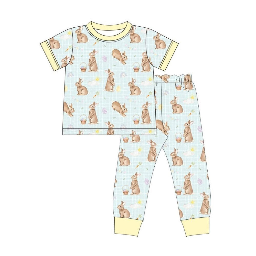 MOQ 5 PCS preorder BSPO0646 Easter Bunny Blue Plaid Yellow Neck Short Sleeve Pants Boys Sets 202511