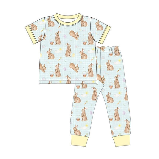 MOQ 5 PCS preorder BSPO0646 Easter Bunny Blue Plaid Yellow Neck Short Sleeve Pants Boys Sets 202511