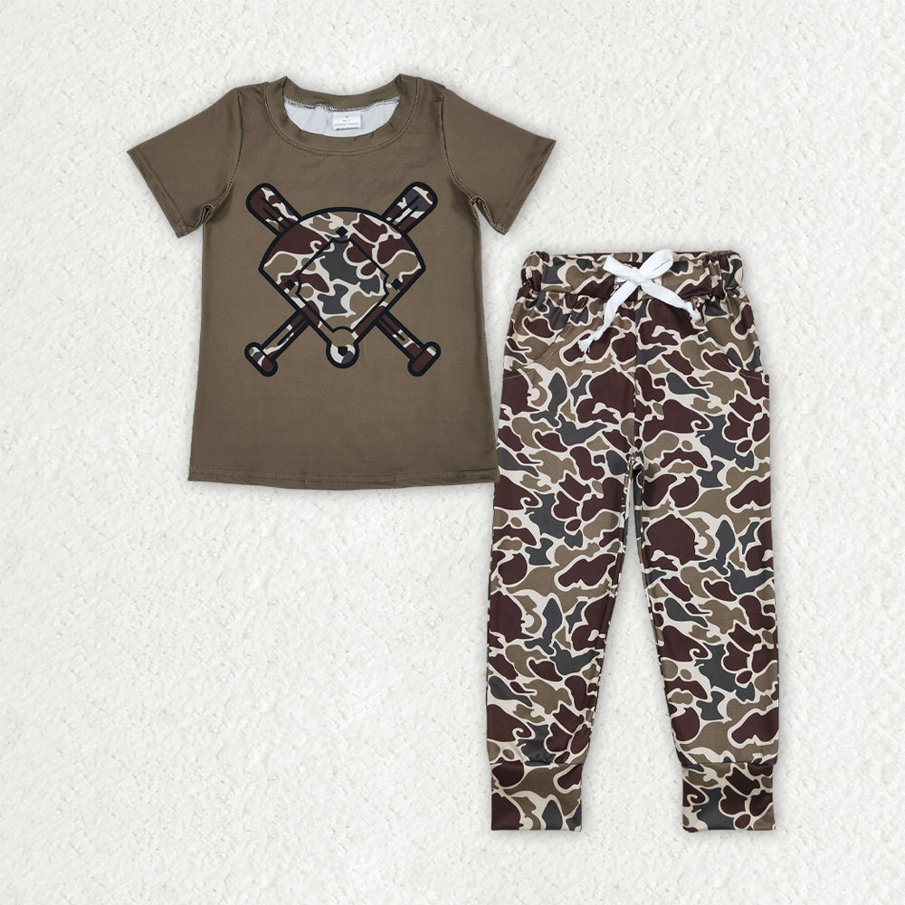 BSPO0657 Baseball Field Brown Green Camouflage Short-Sleeved Joggers Pants Boys Sets 202512 RTS