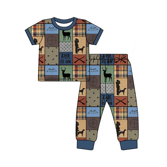 MOQ 5 PCS preorder BSPO0660 Hunting Gray Blue Plaid Short Sleeve Pants Boys Pajama Set 202512