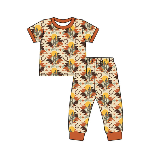 MOQ 5 PCS preorder BSPO0662 Highland Cow Cactus Brown Short Sleeve Pants Boys Pajama Set 202512