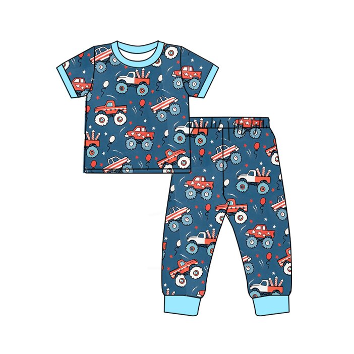 MOQ 5 PCS preorder BSPO0663 4th of July Star Balloon Fireworks Blue Short Sleeve Pants Boys Pajama Set 202512