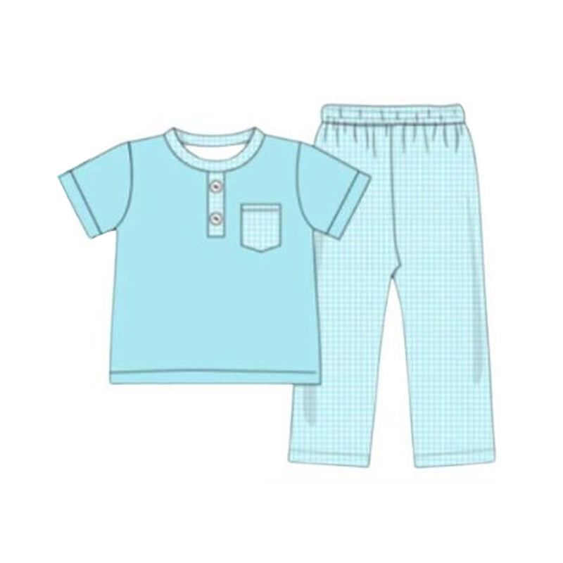 MOQ 5 PCS preorder BSPO0666 Blue Plaid Pocket Short Sleeve Pants Boys Pajama Set 202601