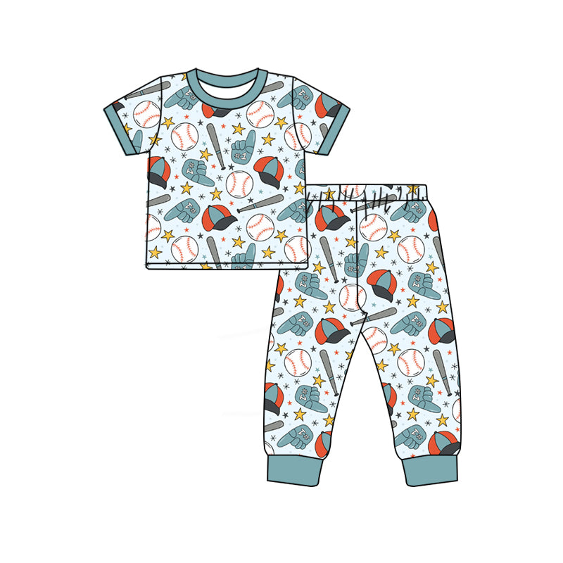 MOQ 5 PCS preorder BSPO0668 Baseball Star Blue Green Short Sleeve Pants Boys Pajama Set 202601