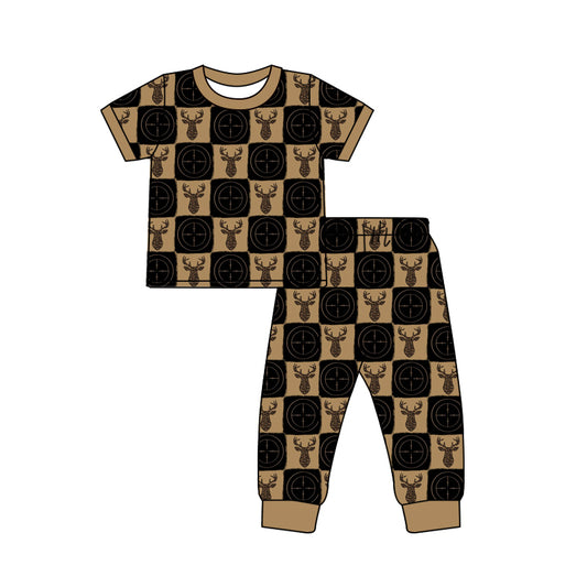 MOQ 5 PCS preorder BSPO0671 Deer Hunting Brown Black Plaid Short Sleeve Pants Boys Pajama Sets 202604