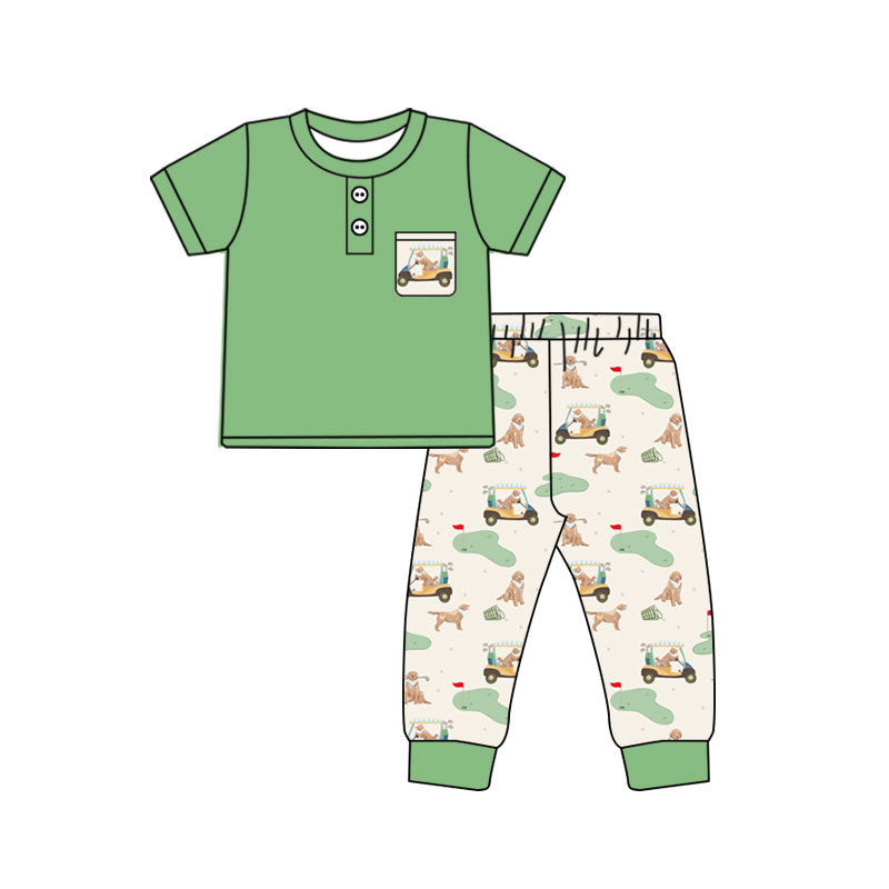 MOQ 5 PCS preorder BSPO0672 Puppy Golf Print Pocket Green Short Sleeve Pants Boys Sets 202604