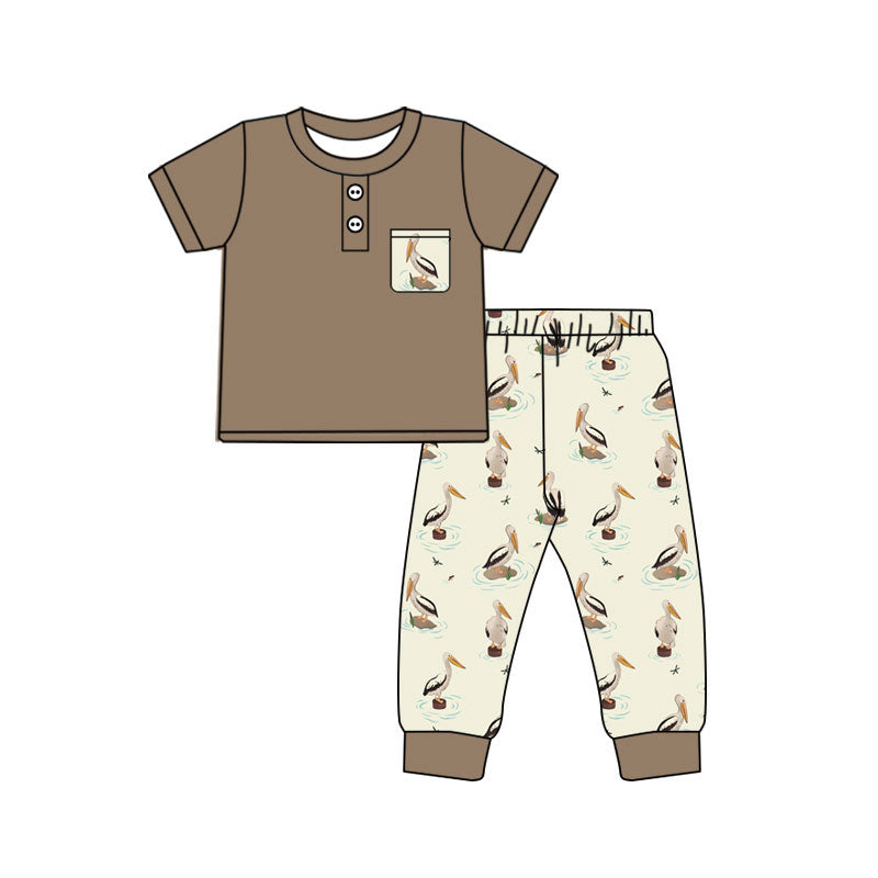 MOQ 5 PCS preorder BSPO0673 Pelican Print Pocket Brown Short Sleeve Pants Boys Sets 202604