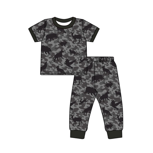 MOQ 5 PCS preorder BSPO0682 Deer Hunting Wild Boar Rabbits Animal Gray Camouflage Short Sleeve Pants Boys Sets 202604