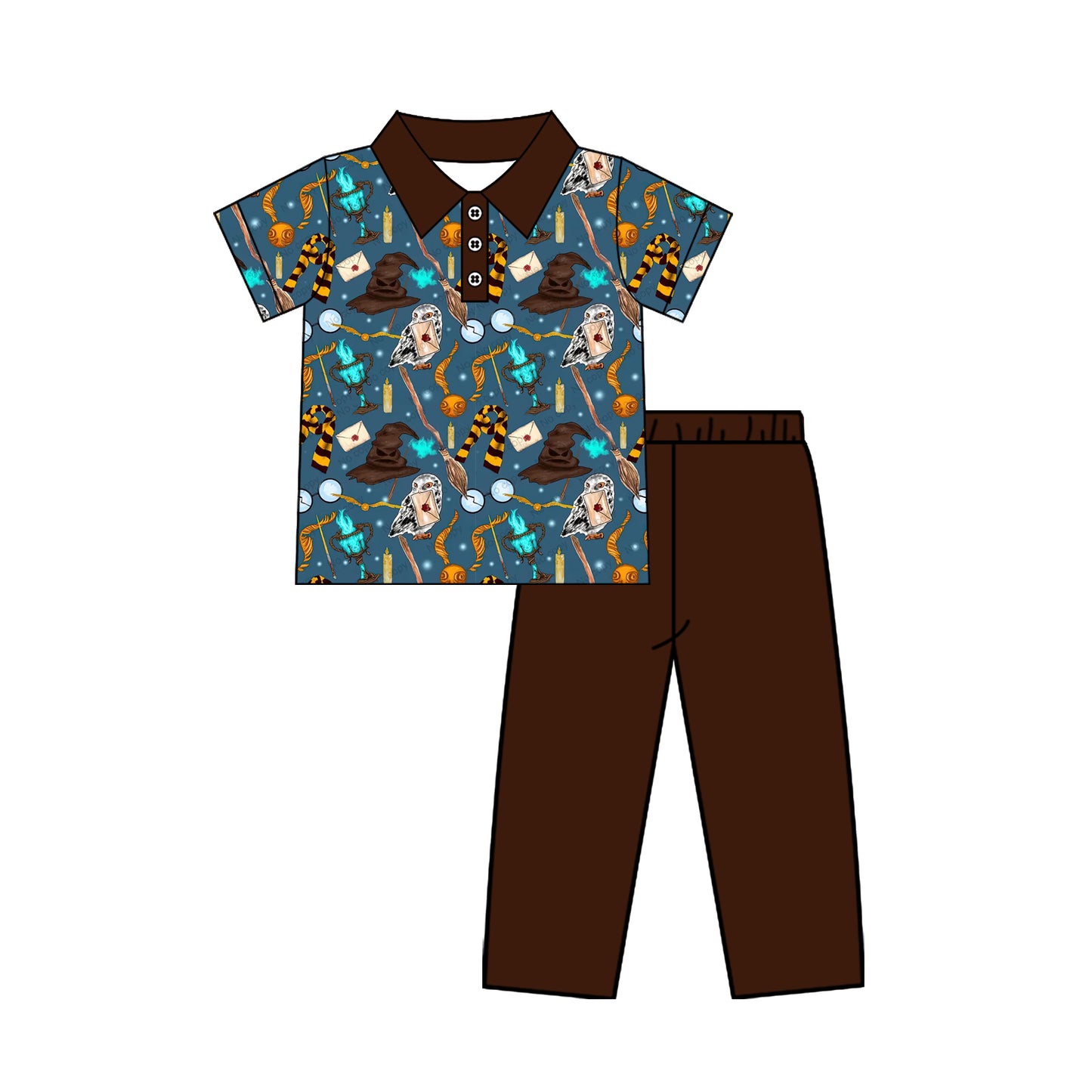 MOQ 5 PCS preorder BSPO0686 Magical Movie Broom Scarf Owl Blue Brown Polo Short Sleeve Pants Boys Sets 202604