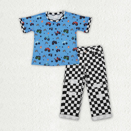BSPO0687 Star Trucks Print Blue Short Sleeve Plaid Denim Pants Boys Sets 202605 RTS