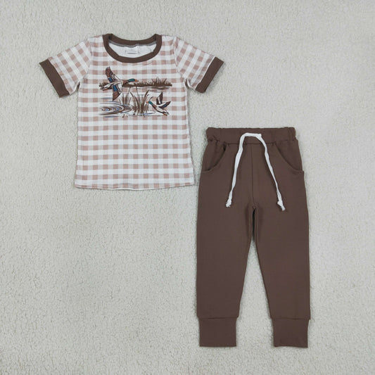 BSPO0689 Duck Hunting Brown Plaid Short Sleeve Pants Boys Sets 202608 RTS