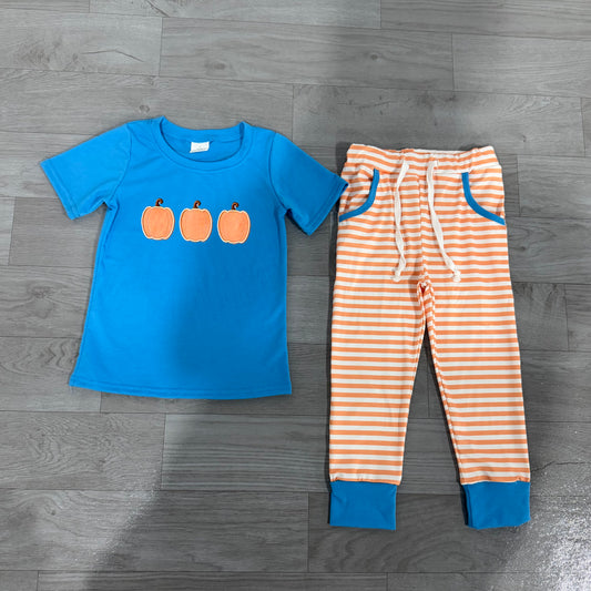 NO MOQ preorder BSPO0693 Embroidered Pumpkin Blue Short Sleeve Stripe Pants Boys Sets 202607