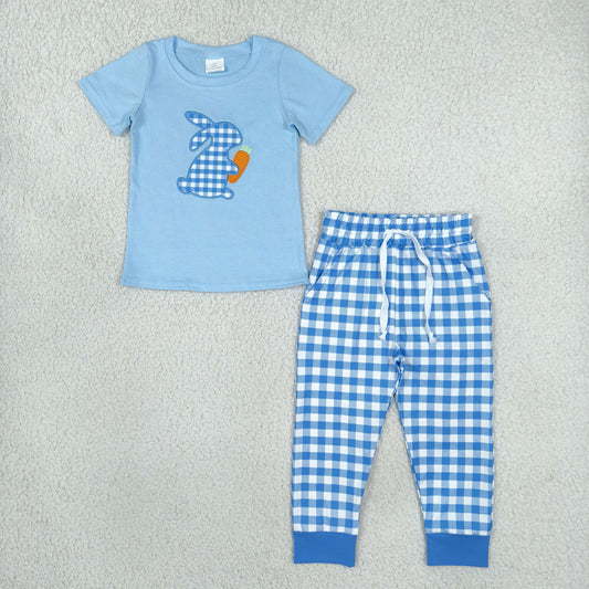 BSPO0703 Embroidery Easter Bunny Plaid Blue Boys Set