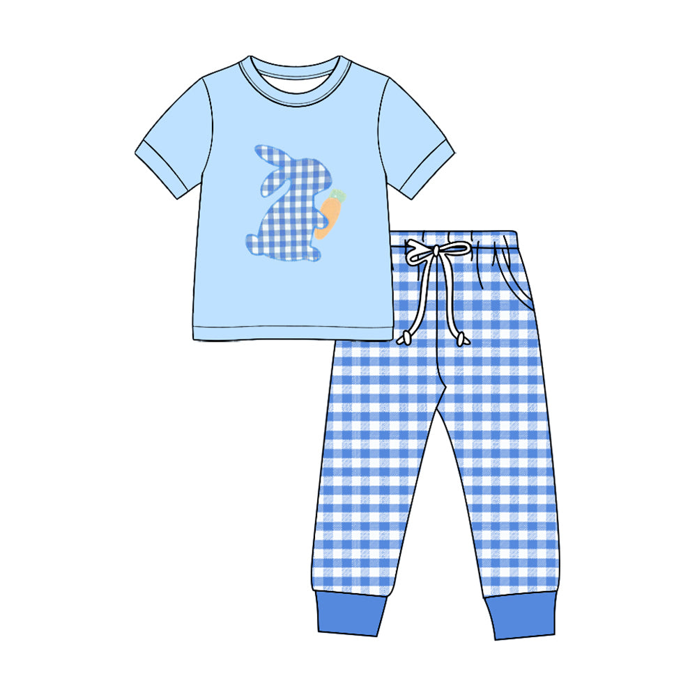 BSPO0705 pre-order toddler kid clothes easter bunny print boy plaid pants set-2026.8.27