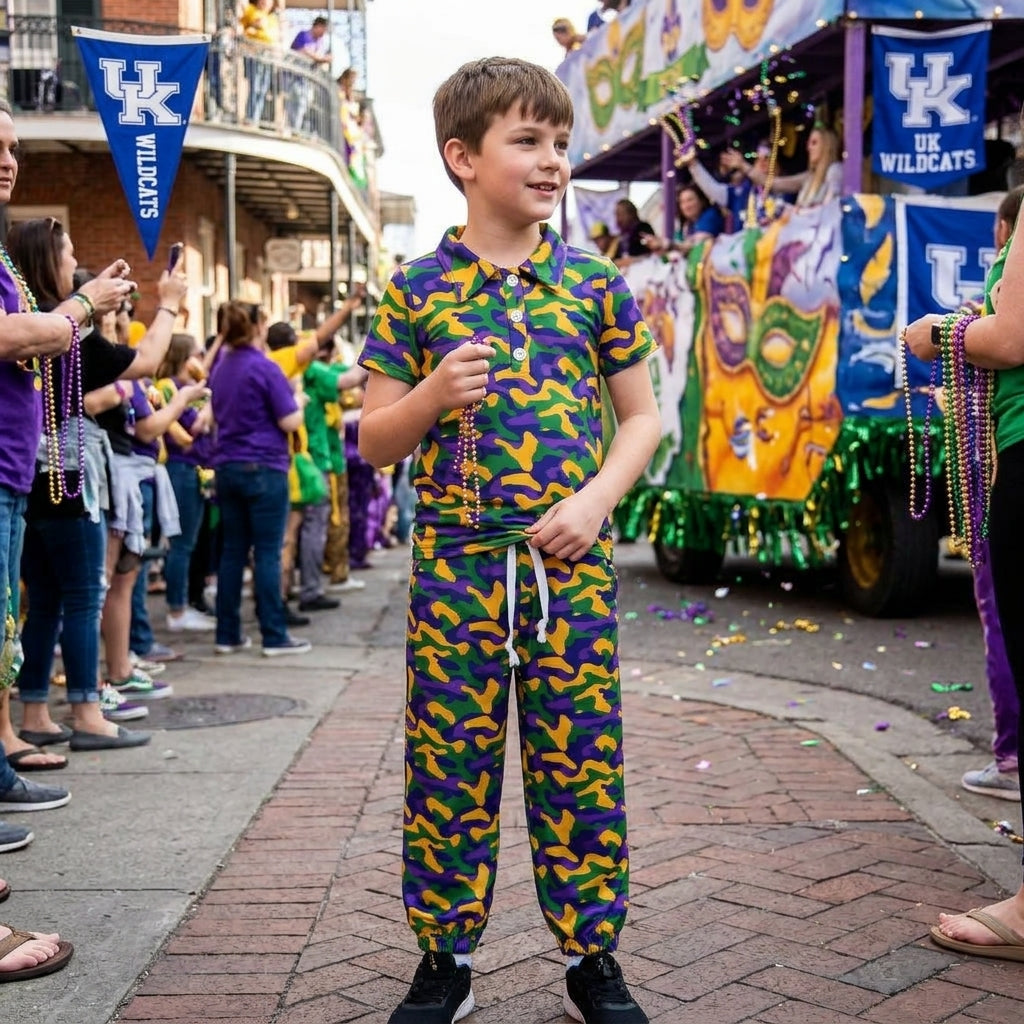 BSPO0721 Mardi Gras Purple Green Yellow Cmao Polo Boys Set