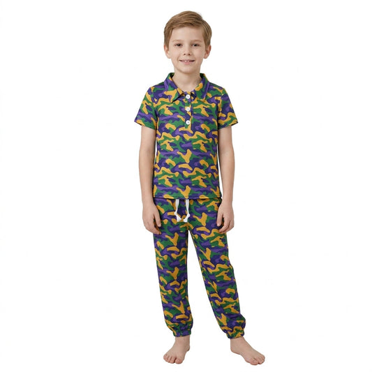 BSPO0721 Mardi Gras Purple Green Yellow Cmao Polo Boys Set