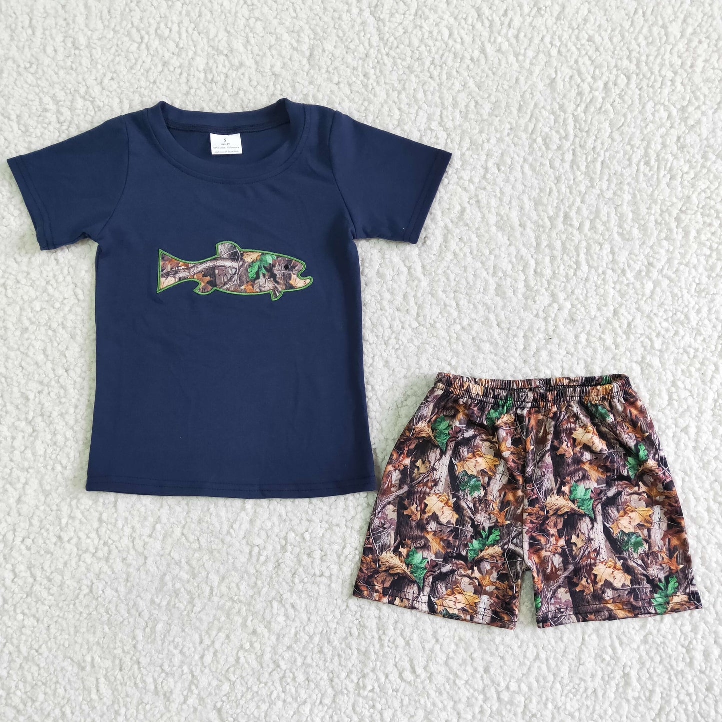 Clearance BSSO0010 Dark blue short sleeve embroidered fish shorts leaf pattern set high quality