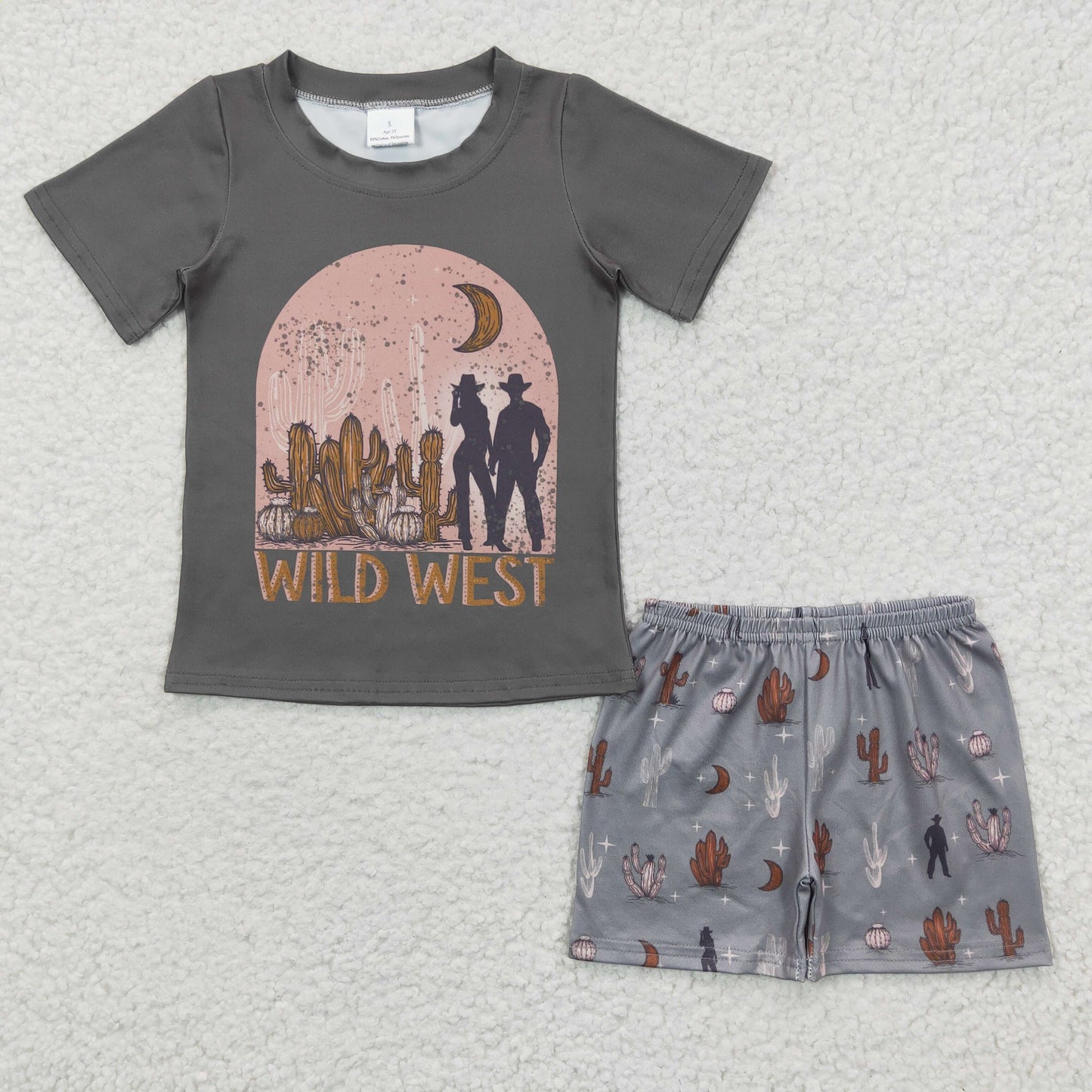 Promotion RTS BSSO0187 Western WILD WEST Cowboy Cactus Gray Boys Short Sleeve Shorts Outfits