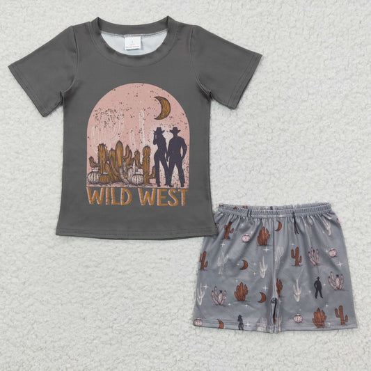 Promotion RTS BSSO0187 Western WILD WEST Cowboy Cactus Gray Boys Short Sleeve Shorts Outfits