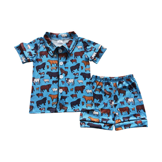 BSSO0276 Dark Blue Short sleeve top shorts outfit with Cartoon Cow Pattern Boy Boutique Pajamas RTS 202412