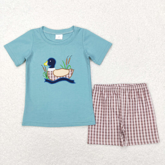 BSSO0281 Duck Printed sets baby boy boutique outfit Green Short Sleeve Top brown check Pants sets summer outfit RTS 202412