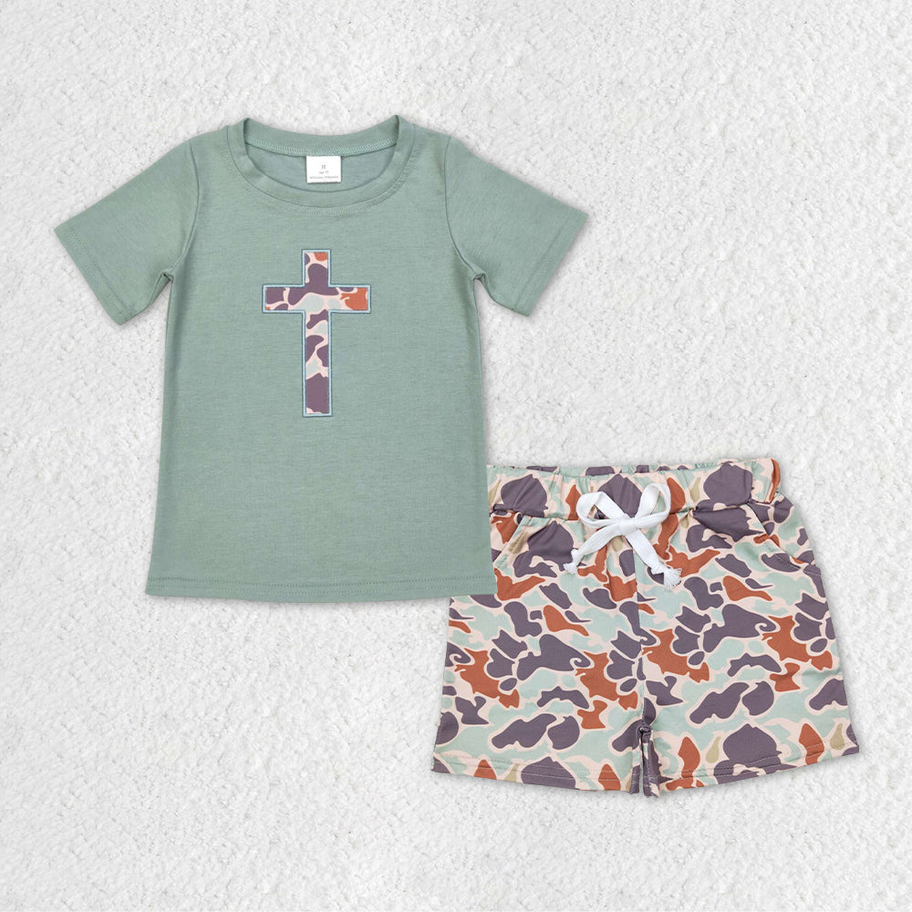 BSSO0296 Easter Boutique Cross Green short sleeve top brown green camouflage shorts set boutique boy clothing sets summer outfit RTS 202501