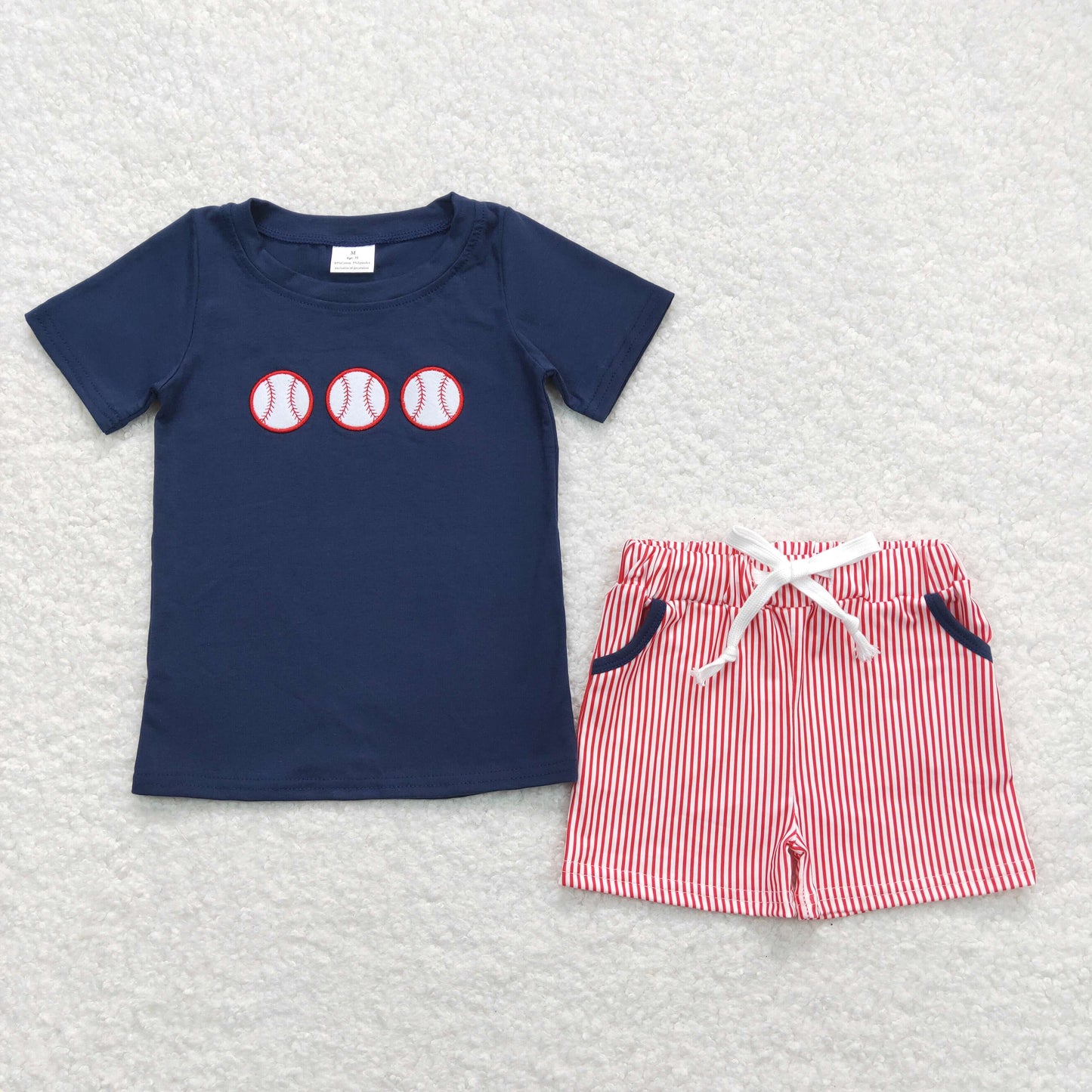 BSSO0351 Embroidered Baseball Navy Short Sleeve Red Stripe Shorts   Boys Outfits RTS 202508