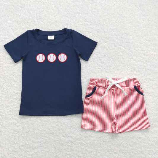 BSSO0351 Embroidered Baseball Navy Short Sleeve Red Stripe Shorts   Boys Outfits RTS 202508