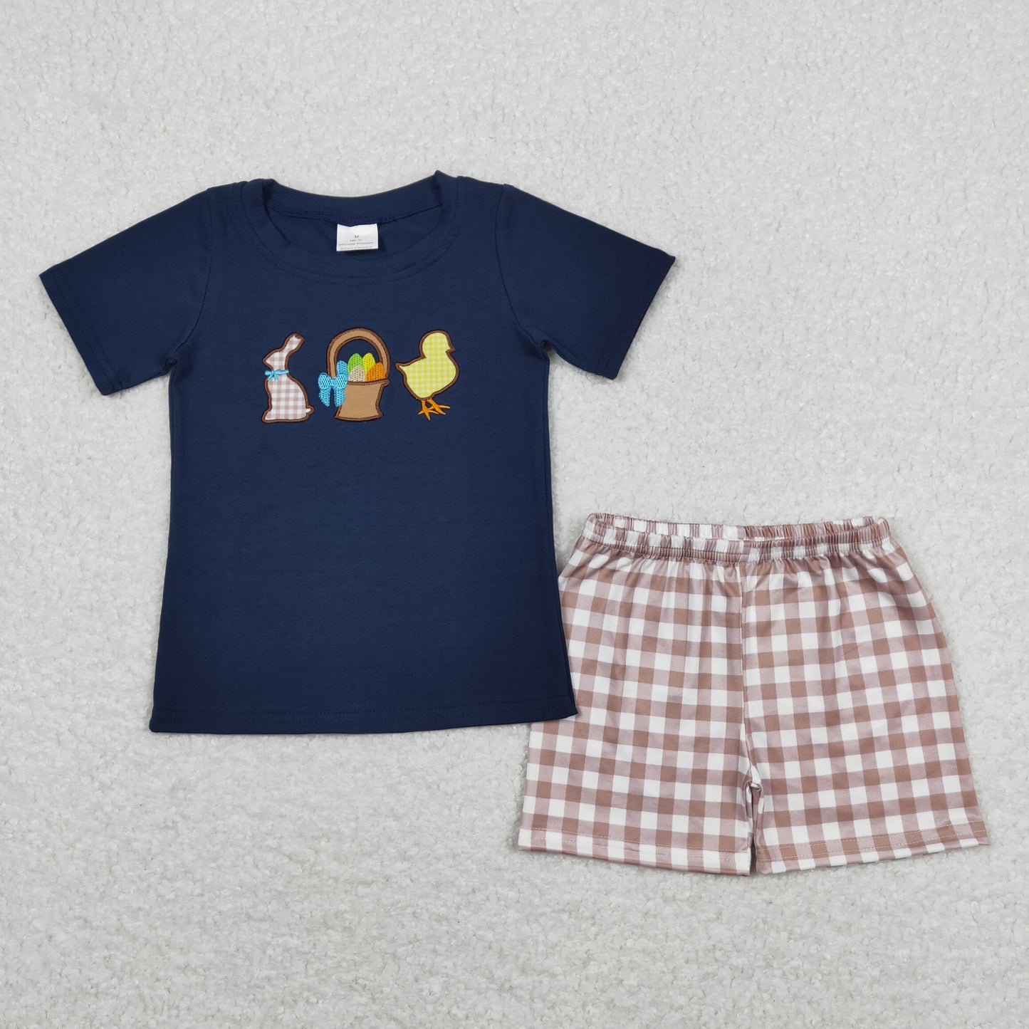 BSSO0364 Easter Egg Bunny Navy Blue short sleeve top brown plaid shorts set boutique boy clothing sets summer outfit RTS 202501