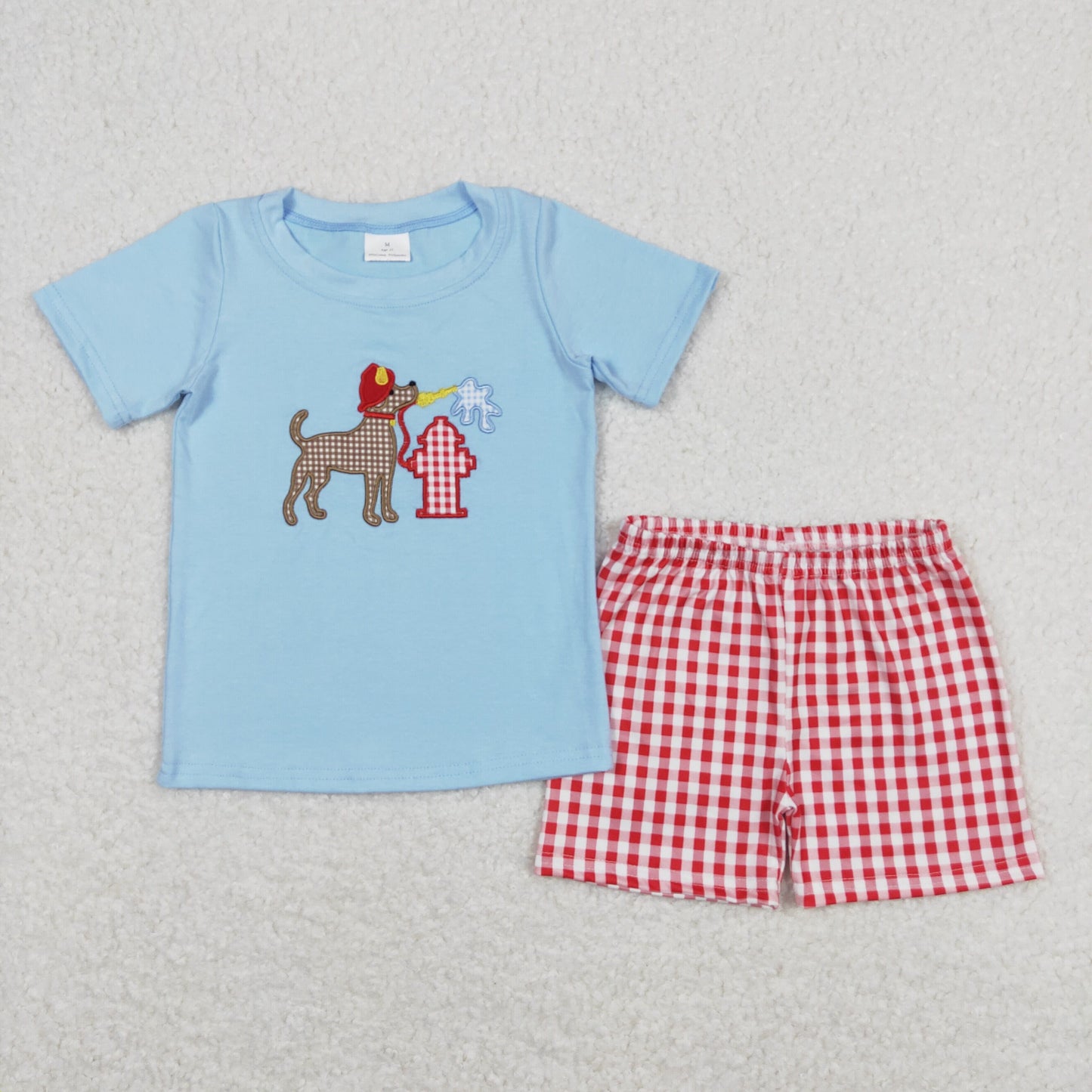 BSSO0377 Embroidered Puppy Pattern Blue Short Sleeve Red Plaid Shorts Boys Outfits