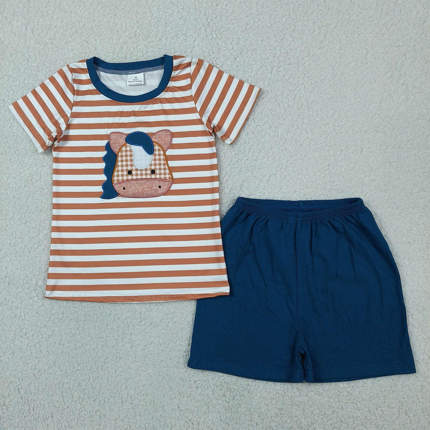 BSSO0380 Embroidered Pony Brown Stripe Short Sleeve Navy Shorts Boys Sets 202604 RTS