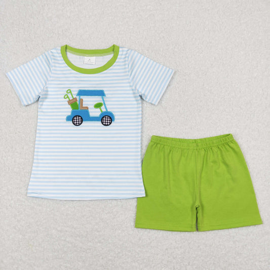 BSSO0394 Embroidered Golf Blue Stripe Short Sleeve Green Shorts Boys Sets RTS 202508
