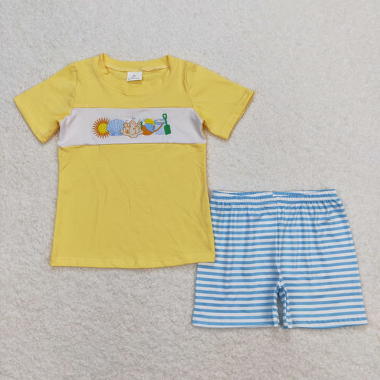 BSSO0397 Embroidered Sun Beach Yellow Short Sleeve Blue Plaid Shorts Boys Sets 202404 RTS