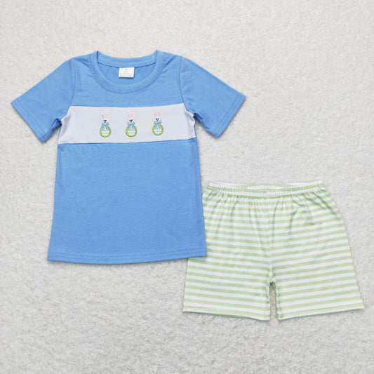 BSSO0398 Embroidered Easter Egg Blue Short Sleeve Green Stripe Shorts Boys Sets RTS 202508