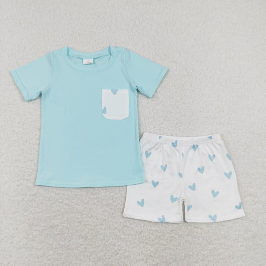BSSO0413 Valentines outfits kids Light Blue Love Boys Short Sleeve Shorts Outfits RTS 202412