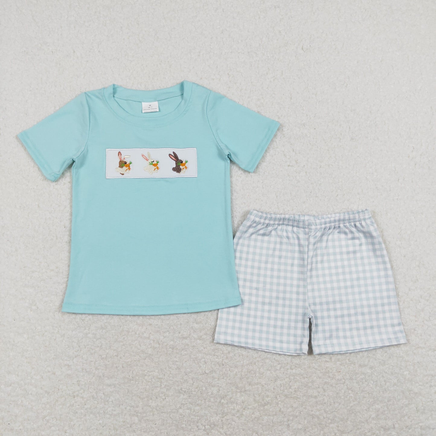 BSSO0414 Embroidered Bunny Carrot Blue Green Short Sleeve Plaid Shorts Boys Sets RTS 202507