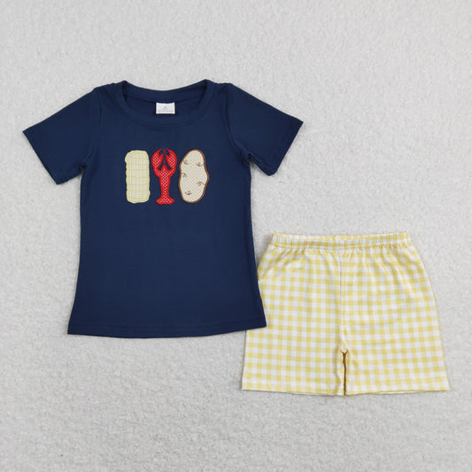 BSSO0418 Mardi Gras outfit sets Navy Blue short sleeve top yellow pants sets with embroidered cartoon outfit RTS 202412
