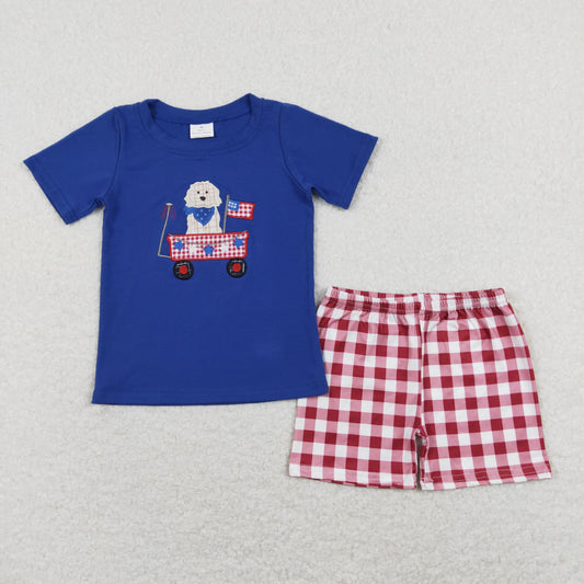 BSSO0423 Embroidered 4th of July Puppy Navy Blue Short Sleeve Red Plaid Shorts Boys Sets RTS 202507