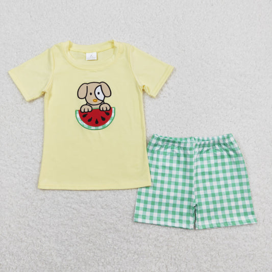 BSSO0446 Embroidered Puppy Watermelon Yellow Short Sleeve Green Plaid Shorts Outfits RTS 202508
