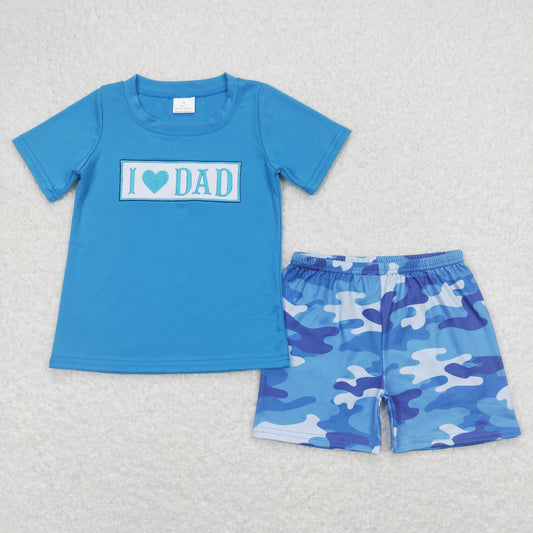 BSSO0455 Embroidered I Love Dad Blue Short Sleeve Shorts Boys Sets RTS 202508