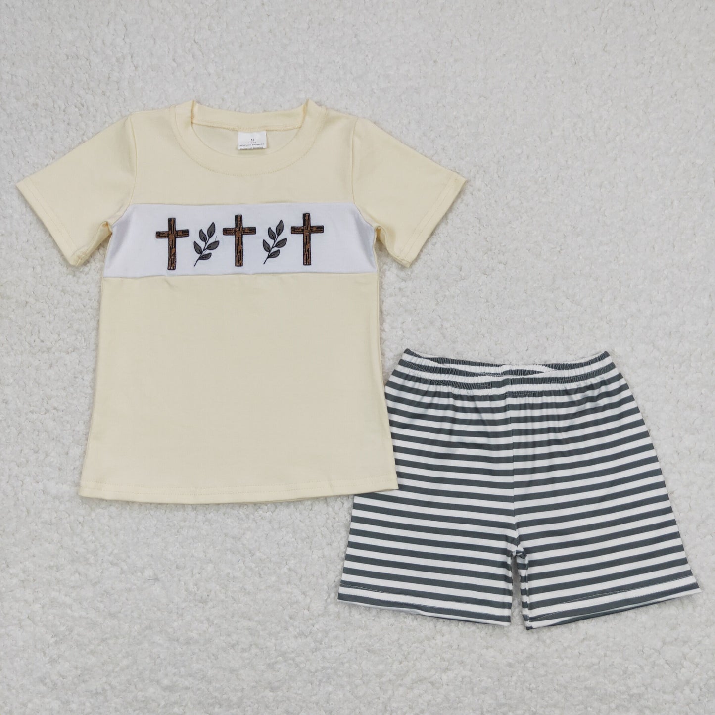 BSSO0459 Easter Boutique Cross Beige Yellow short sleeve top black striped shorts set boutique boy clothing sets summer outfit RTS 202501