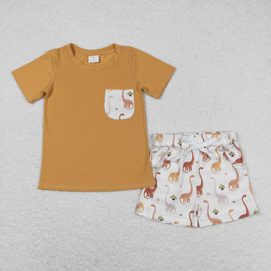 BSSO0464 Dinosaur pocket brown short sleeve shorts set high quality boys clothing sets