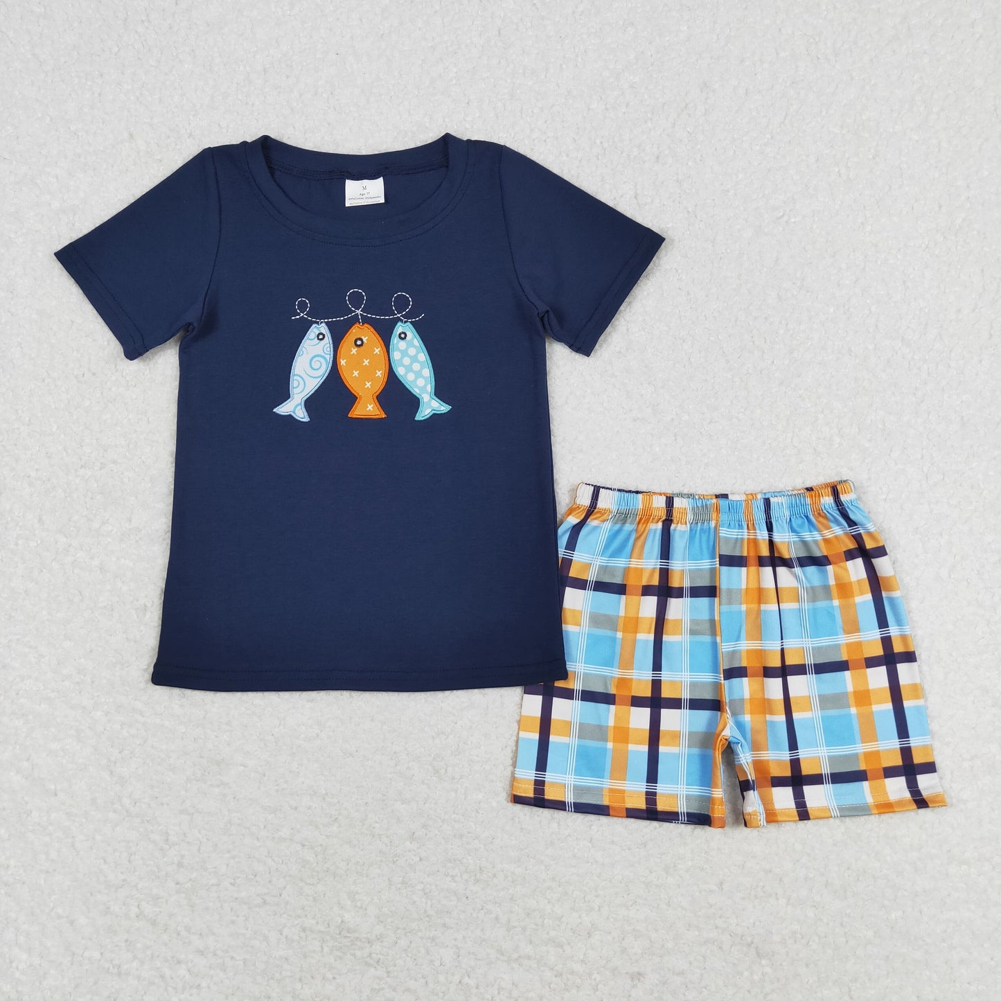 BSSO0465 Embroidery fishing navy blue short-sleeved plaid shorts set custom boys clothing sets