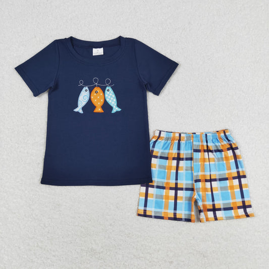 BSSO0465 Embroidery fishing navy blue short-sleeved plaid shorts set custom boys clothing sets
