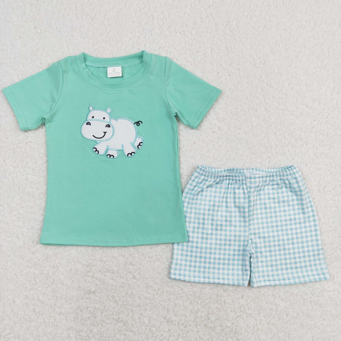 BSSO0466 Embroidered Hippo Green Short-Sleeve Blue Plaid Shorts Boys Sets RTS 202508