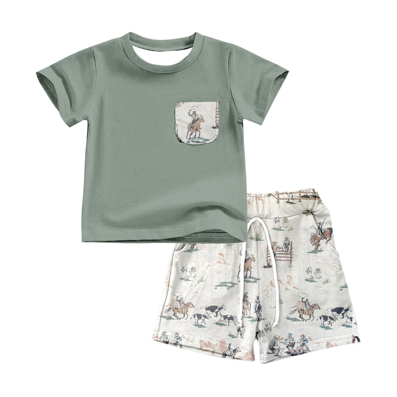 Preorder BSSO0494 Green Cowboy Boys Short Sleeve Shorts Outfits