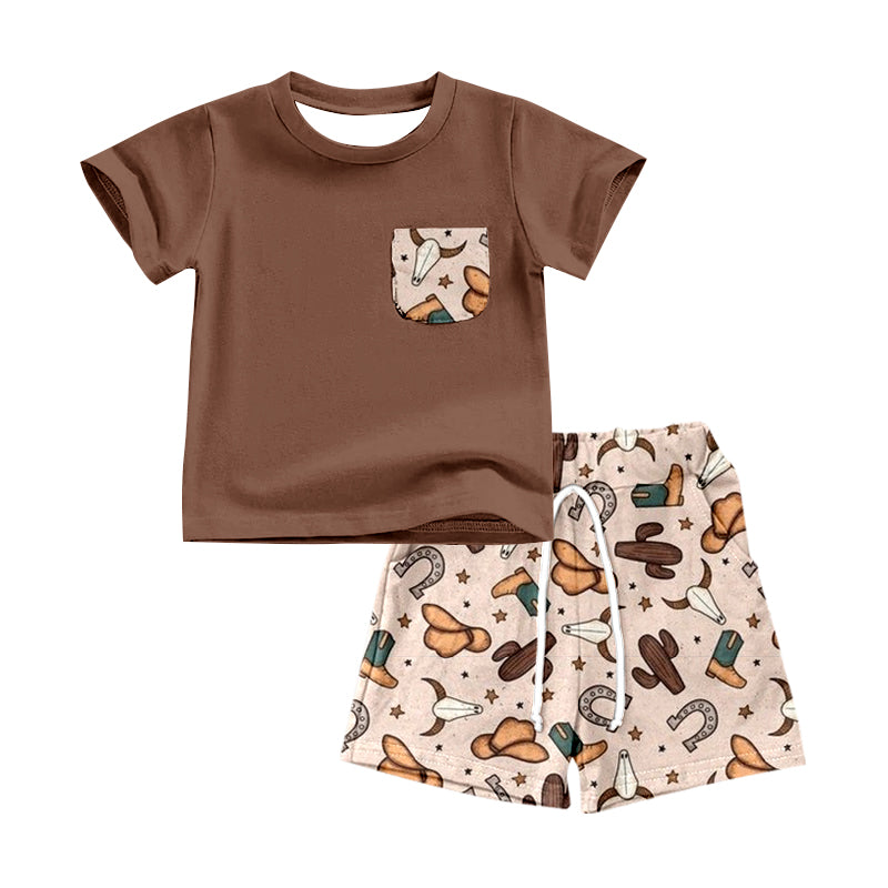 Preorder BSSO0496 Brown cow hat Boys Short Sleeve Shorts Outfits