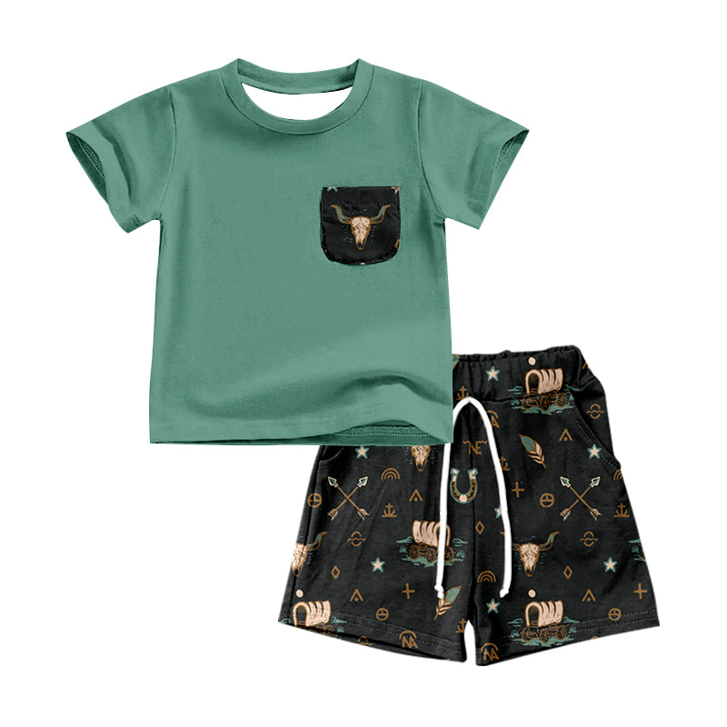 Preorder BSSO0502 Green Highland Cow Boys Short Sleeve Shorts Outfits