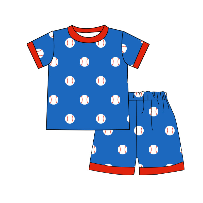 Preorder BSSO0503 Blue Red Softball Boys Short Sleeve Shorts Outfits Pajamas